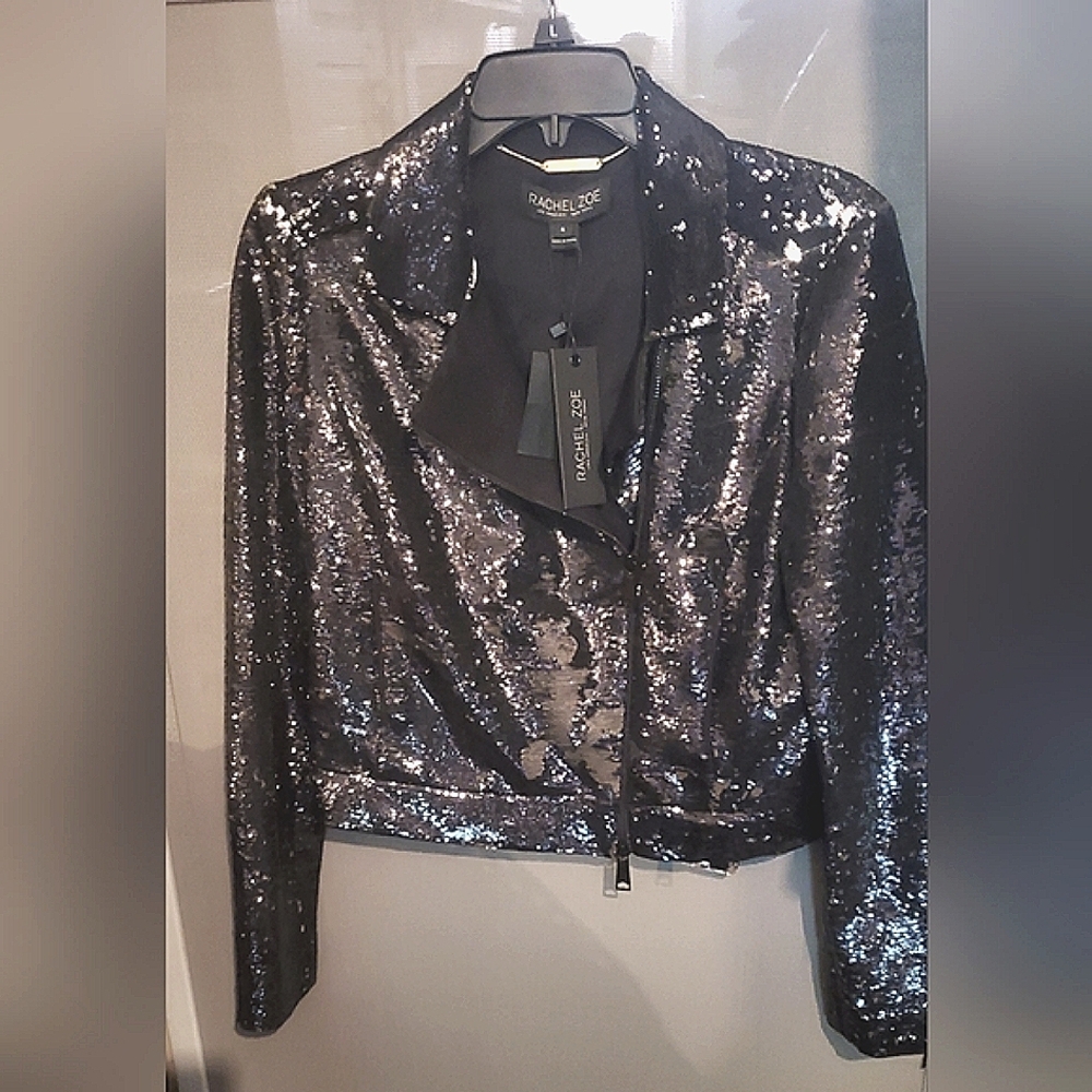 Rachel Zoe Black And Silver Sequin Moto Style Zip Jacket. Sz Six. New With Tag